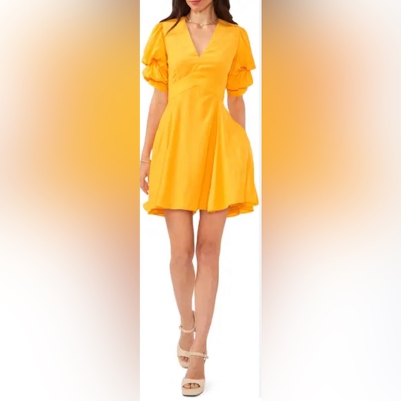 1. State Short Puffed Sleeve V-Neck Suede Satin Mini Dress - Picture 1 of 9